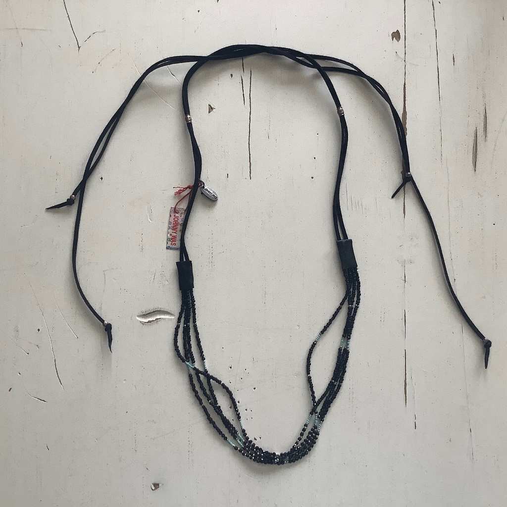 Nwt Johnny Was Black Suede Fringe Black Silver Turquoise Beads Necklace